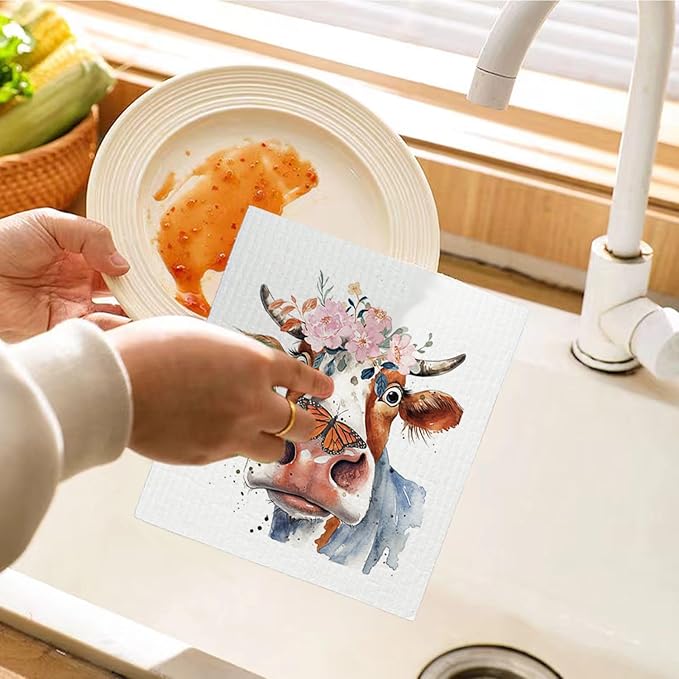 Cow Floral Cute Swedish Dishcloths for Kitchen, 4 Pack Cute Cow Gifts Swedish Dish Cloths Towels for Kitchen Bathroom Office Housewarming Gifts, Papaya Reusable Paper Towels Washable