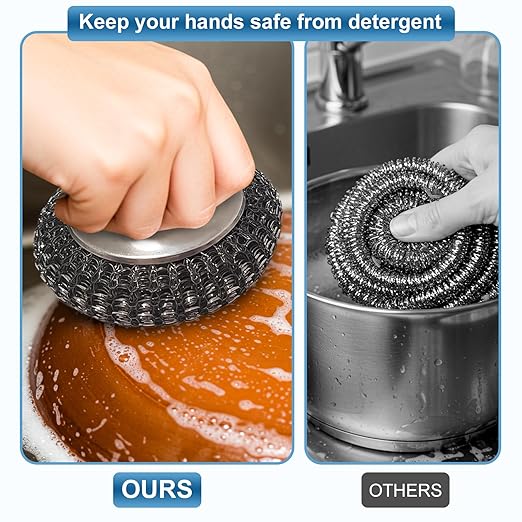 Steel Wool Scrubber with 2 Replacement Pads,Dish Scouring Pads for Cleaning Cast Iron, Dishes, Kitchen Pots, Pans, Grills, Stoves, Sink & More