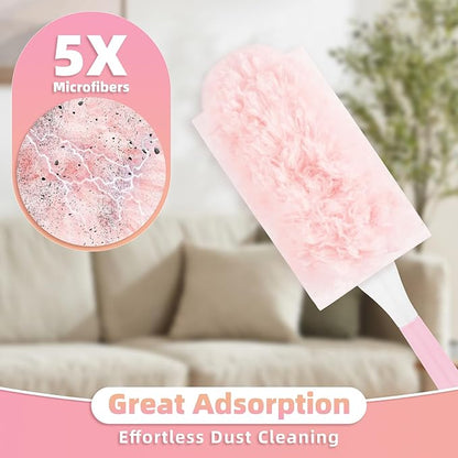 30 Count Pink Duster Refills Compatible with Swiffer Handle, 360° Multi-Surface Duster Refills with 1 Handle, 5X Microfibers Disposable Dusters for Home, Office Cleaning