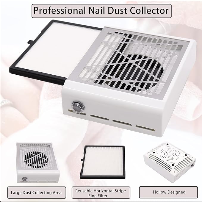 Electric Nail Dust Collector Machine, Nail Vacuum Suction Fan with Reusable Filters, Stainless Steel Nail Dust Cleaner, Dust Extractor Manicure Tool for Acrylic Gel Nail Polishing, White