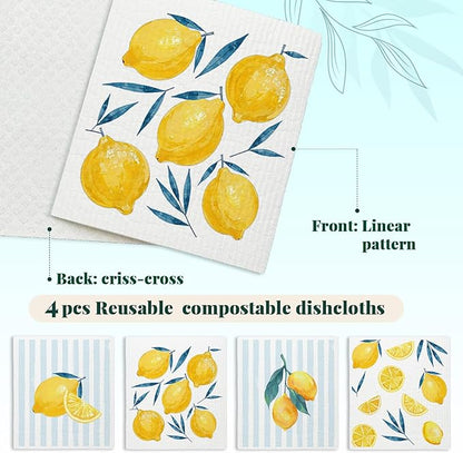 Lemon Swedish Dishcloths for Kitchen, Swedish Dish Cleaning Cloths for Friut, Papaya Reusable Paper Towels, 4 Pack Dish Towels for Kitchen, Reusable Sponge Cloths Washable