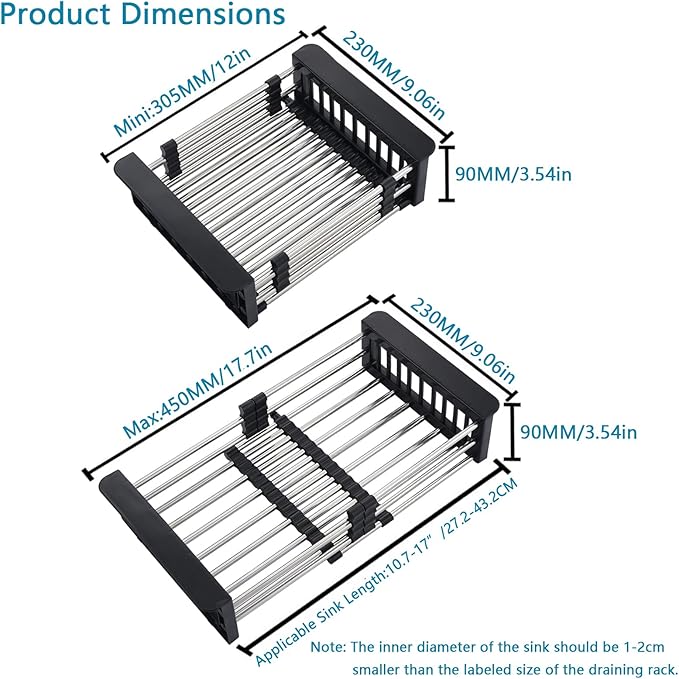 Kitchen Multi-Function Retractable Sink Dish Drying Rack, Stainless Steel Drainer for 10.7"-17" Sinks, Kitchen Countertop Organizer for Dishes, Vegetables, and Fruits (Black & Small)