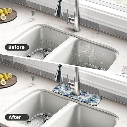 Abstract Flower Blooming Floral Watercolor Kitchen Sink Splash Guard Faucet Mat Super Absorbent Fast Drying Mat Sink Gadgets-Fast Drying Pad Sink Mat For Kitchen Bathroom (15" X 5.5" )