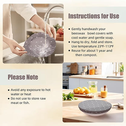 3PCS Reusable Bowl Covers for Bread Proofing, Beeswax Reusable Elastic Cotton Bowl Covers, Bread Proofing Cap for Food Fruit Salad Eco-Friendly