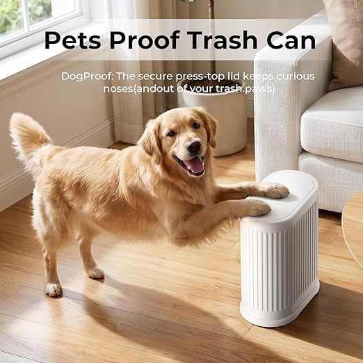 Small White Bathroom Trash Can with Press Top Lid, 1.8 Gallon Stainless Steel Garbage Can with Removable Inner Bucket, Includes 60 Trash Bags for Home Bedroom