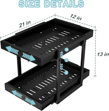 Golener 2-Tier Expandable Pull Out Cabinet Organizer - 21" Deep Pull-Out Drawers for Kitchen Cabinets, 2 Slide Home Storage Organizers, Slide Out Shelves for Base Cabinet Organization in Kitchen,Black
