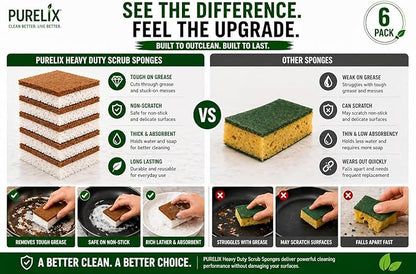 Heavy Duty Scrub Sponges for Dishes – Non-Scratch Kitchen Sponges, Tough on Grease, Safe for Nonstick Cookware, Multi-Purpose Cleaning Sponge (6 Pack)