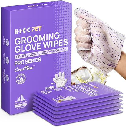 HICC PET Glove Wipes Pro Series for Dogs & Cats, Extra Thick Dual-Textured Grooming Wipes, Rinse-Free Shampoo Mittens for Quick Cleaning & Deodorizing, Perfect Between Baths, Travel, Portable 6 Pack
