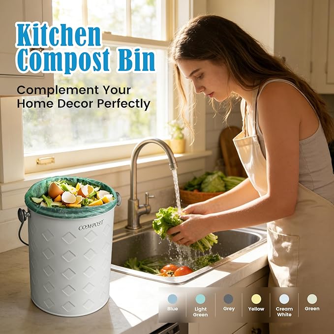 AOSION Countertop Compost Bin Kitchen,Odorless Indoor Compost Bin with Lid,Farmhouse Composter Container for Food Waste,Includes 2 Carbon Filters, Small Compost Bucket,Trash Bags (Modern, Cream White)