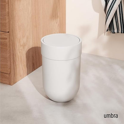 Umbra Touch Trash Can, Small 1.6-Gallon Garbage Bin with Swing Lid, Waste Basket for Bathroom or Office, White