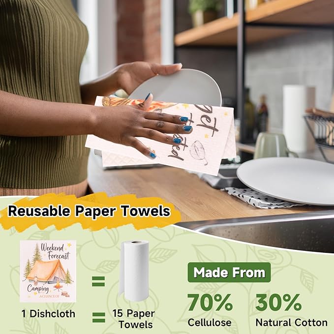 Polly Online Swedish Dishcloths for Kitchen,6 Pack Cloth Paper Towels Reusable Washable,Super Absorbent Dish Towels,No Odor,Biodegradable,Camping Design