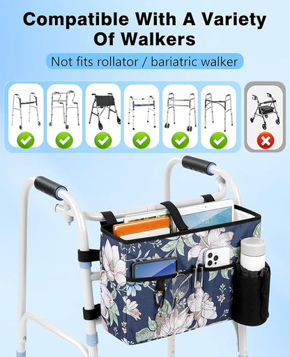 Rhino Valley Walker Bag, Secure Fit Walker Basket with Cup Holder, Large Capacity Foldable Walker Accessories for Seniors, Detachable Folding Walker Pouch Organizer for Older Elderly Gifts,Blue Cosmos