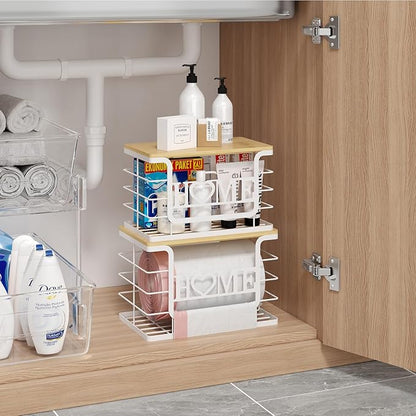 Trash Bag Holder, Thipoten Trash Bags Dispenser with Bamboo Top, Suitable for Garbage Bags Purchased Online or Supermarket, Perfect Storage Organizers for Cabinet, Under Sink (White, 2pack-XL/L)