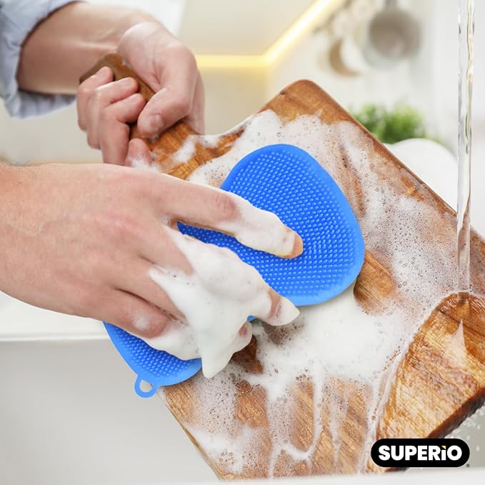 Silicone Heat Resistant Dishwasher Sponge, Fruit Cleaner, Vegetable Washer, Non Scratch Durable Bristles, Blue 3-Pack (9)