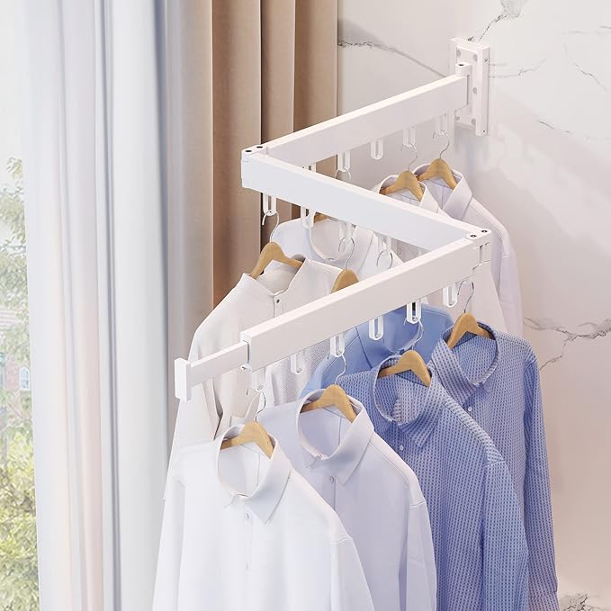LIENAHU Clothes Drying Rack,Laundry Drying Rack,Clothes Rack Wall Mount,Wall Mounted Clothes Hanger Rack,Laundry Rack Folding,Retractable Clothing Rack,Collapsible Clothes Hanging Rack(Loop,White)