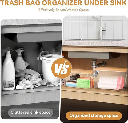 Trash Bag Holder Dispenser 2 Pack, Garbage Bag Dispenser with Bamboo Lid & Handles, Stackable Clear Trash Bag Organizer Under Sink for Kitchen, Pantry, Laundry Room, Cabinet (XL+S)