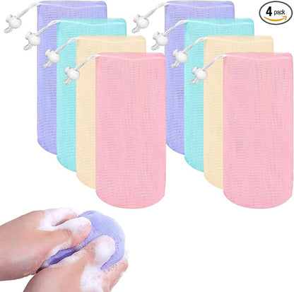 4 Pcs Mesh Soap Bags, Bar Soap Saver Bags, Bubble Foaming Nets Pocket with Drawstring for Facial Cleaning Body Wash