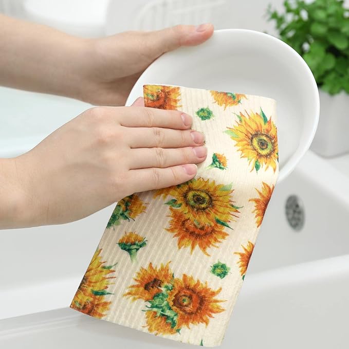 Sunnyray 12 Pcs Swedish Kitchen Dish Towels Dishcloth Reusable Sponge Cleaning Cloth Kitchen Towels Absorbent Washable Dish Cloth Drying Hand Towel(Yellow,Sunflower)