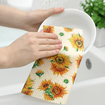 Sunnyray 12 Pcs Swedish Kitchen Dish Towels Dishcloth Reusable Sponge Cleaning Cloth Kitchen Towels Absorbent Washable Dish Cloth Drying Hand Towel(Yellow,Sunflower)