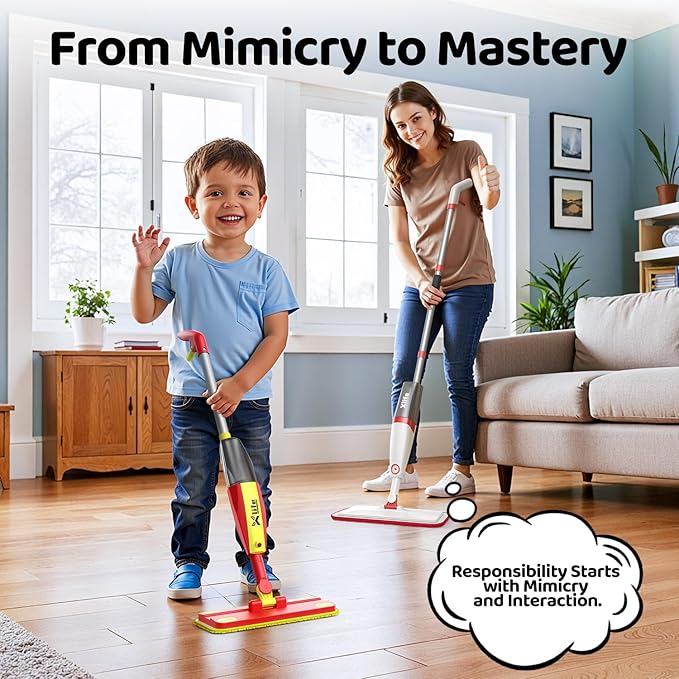 Xlife Kids Spray Mop Set - Montessori Toy for Ages 4-8 Real Water Sprayer & Sweeper Combo, Pretend Play Housekeeping Kit, Washable Pads (Red)