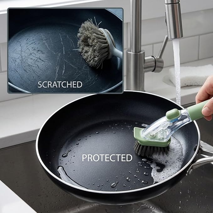 Green Orange Soap Dispensing Dish Brush 2 Pcs, Long Handle Kitchen Scrub Tool with Soft Dense Bristles, Transparent Body, Press Button for Liquid Control, Powerful Cleaning