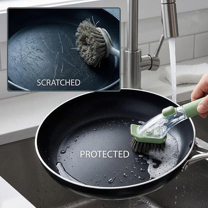 Green Orange Soap Dispensing Dish Brush 2 Pcs, Long Handle Kitchen Scrub Tool with Soft Dense Bristles, Transparent Body, Press Button for Liquid Control, Powerful Cleaning