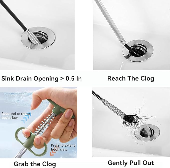 35" Flexible Drain Snake Grabber Tool, Upgraded Hair Clog Remover for Sink, Shower & Bathtub, Easy Reach Plumbing Weasel
