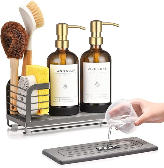 Kitchen Soap Dispenser Set with Drying Tray – 16oz Glass Bottles with Stainless Steel Pumps, Sink Organizer Caddy with Brush Holder & Non-Slip Feet – All-in-One Dish & Hand Soap Station