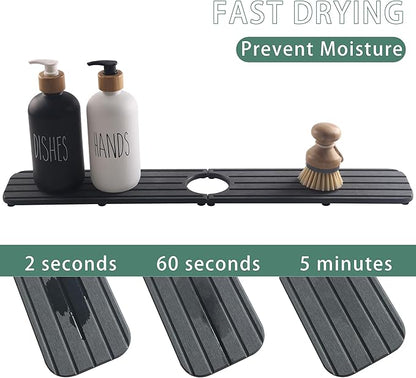 NiuYichee 23.6inch x 4inch Kitchen Sink Faucet Mat, Water Absorbing Stone Faucet Splash Guard for Bathroom Counter, Quick Drying Diatomite Tray for Kitchen Sink, Dark Gray
