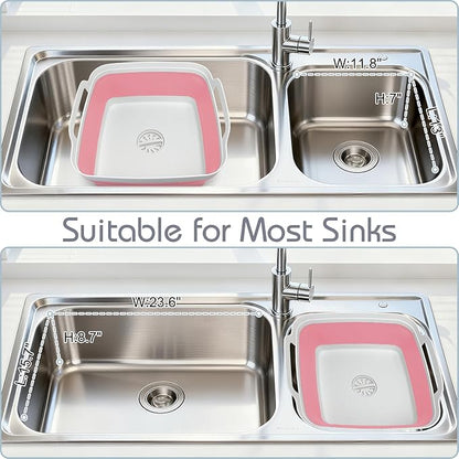 2.4 Gal(9L) Collapsible Dish Basin with Drain Plug, Space Saving Outdoor Multiuse Foldable Sink Tub, Dishpan, Kitchen Storage Tray for Camping, Vegetable Washing, RV (Pink)