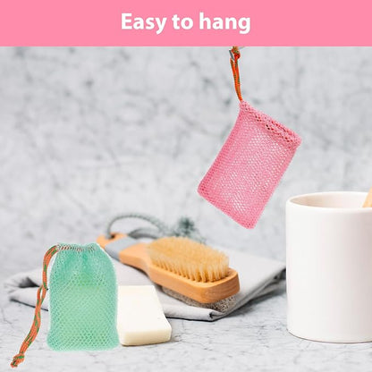 JJUNW 4 Pack Soap Savers, Exfoliating Mesh Soap Pouch, Foam Net Soap Saver Sack Drawstring Holder, Mesh Foaming Bubble Bags for Bath and Shower (Multicolor)