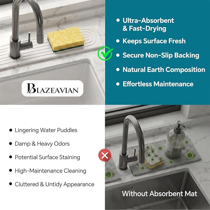 Stone Faucet Mat for Kitchen Sink-Diatomite Drying Stone Mat& Sink Protector,Quick Dry Water Absorbing Stone Tray ,Sink Splash Guard for Kitchen Counter & Bathroom Counter(White, 23.6"X3.9")