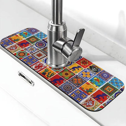 Mexican Tiles Multicolored Bright Colorful 15" X 5.5" Kitchen Sink Splash Guard Faucet Faucet Guard Draining Mat Sink Splash Guard Faucet Kitchen Bathroom