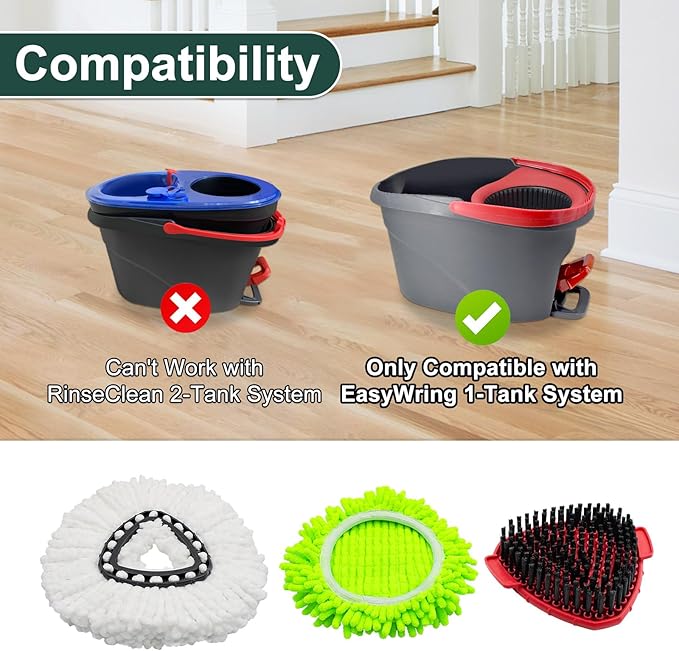 Mop Head Replacement for O Cedar, Spin Mop Replacement Head for Ocedar Easywring 1 Tank System, Mop Heads Includeds 3 Mop Replacement Heads, 2 Spin Scrub Brush, 1 Base & 1 Chenille Pad
