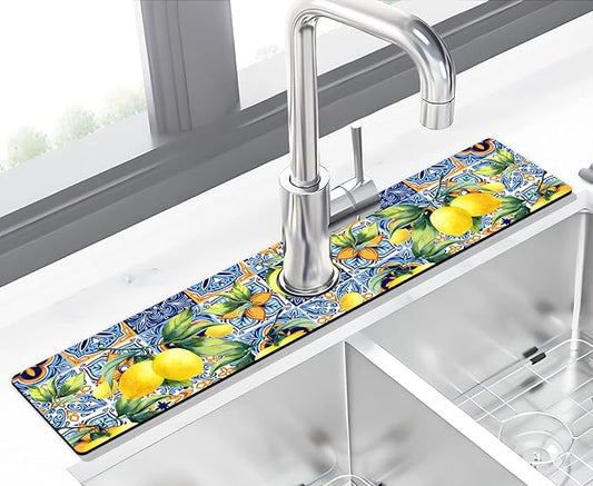 Kitchen Sink Splash Guard Faucet Mat Super Absorbent Fast Drying Mat Sink Gadgets Splash Guard Behind Faucet Drip Catcher for Kitchen (Lemon, 23.5x5.5in)