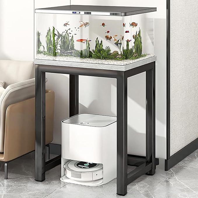 Storage Rack Above The Sweeping Robot,Robot Vacuum Stand Cabinet,Entryway Hallway Double-Tier Robot Vacuum Cleaner Shelf,Steel Frame with Wooden Top,Small End Tables for Bathroom(Gray/Black,60x35/23.6
