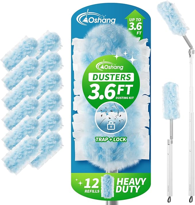 oshang 12 Pack Disposable Heavy Duty Duster Refills - 43" Extendable Handle, Compatible with Swiffer - Dusters for Cleaning Ceiling Fans, Blinds, Furniture & High Corners