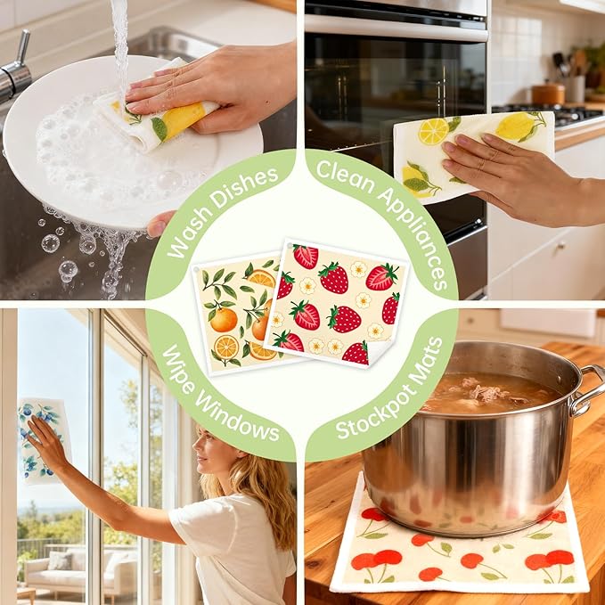 Swedish Dishcloths for Kitchen, 5 Pack Fruit Reusable Paper Towels with 3 Hooks, Washable Dish Cloth Set, Absorbent Cleaning Cloths for Home Washing Dishes Housewarming Gifts for Friend