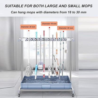 Movable Broom Mop Holder, Floor Standing Cleaning Tool Cart Storage, Freestanding Cleaning Supplies Organizer Wet Mop Drain Rack Housekeeping Station Storage Tools for Home Garage Schools