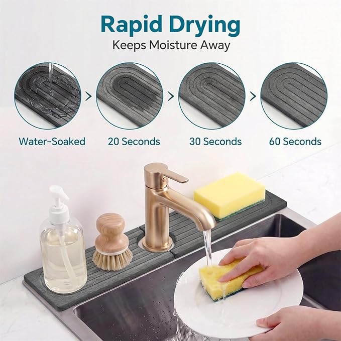 Stone Faucet Mat for Kitchen Sink-Diatomite Drying Stone Mat& Sink Protector,Quick Dry Water Absorbing Stone Tray ,Sink Splash Guard for Kitchen Counter & Bathroom Counter (Dark Grey, 15.7"x3.9")