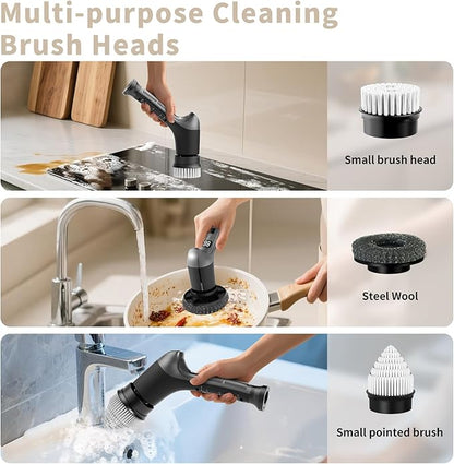 Electric Spin Scrubber, Cordless Power Dish Scrubber Brush, Type-C Fast Charging with LED Power Display, 3 Speeds, 6 Replaceable Heads for Cleaning Kitchen Stove/Bowl/Sink/Corner/Tile/Grout (Grey)
