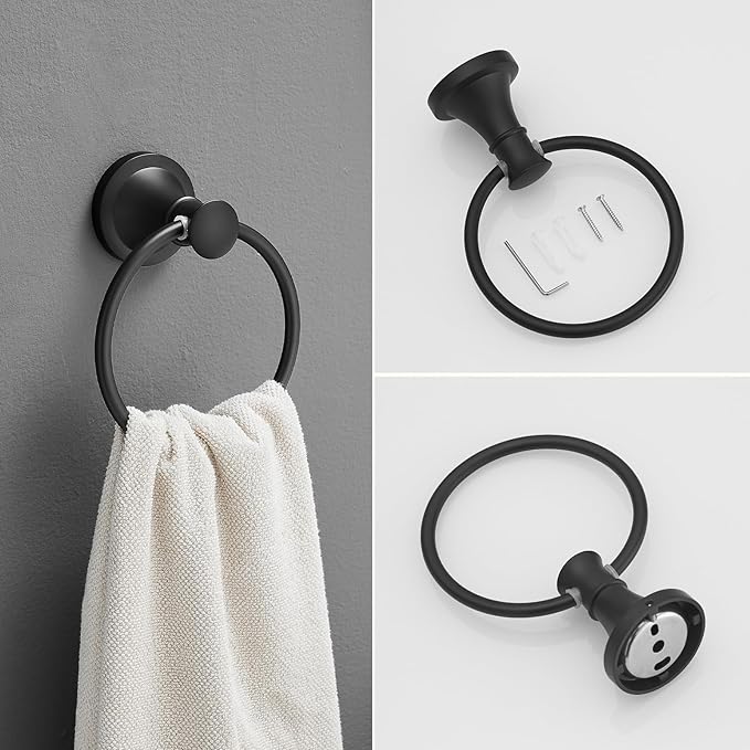 RUMOSE Toilet Paper Holder and Hand Towel Ring Matte Black Wall Mount Bathroom Hardware Accessories 2 PCS Set Flexible Pivoting Toilet Tissue Roll Holder and Towel Hanger, Stainless Steel