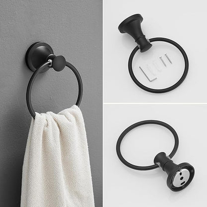 RUMOSE Toilet Paper Holder and Hand Towel Ring Matte Black Wall Mount Bathroom Hardware Accessories 2 PCS Set Flexible Pivoting Toilet Tissue Roll Holder and Towel Hanger, Stainless Steel
