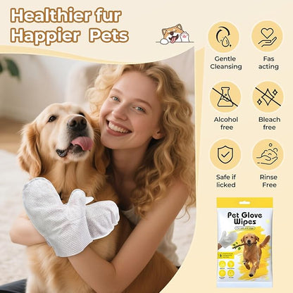 Pet Glove Wipes for Dogs Cats, Dog Cleaning Gloves, Dog Wipes Cleaning Deodorizing, Pet Wipes for Dogs Cats, Extra Thick, Unscented Rinse Free Nourish Fur Glove Wipes for Daily Care and Traveling-6pcs
