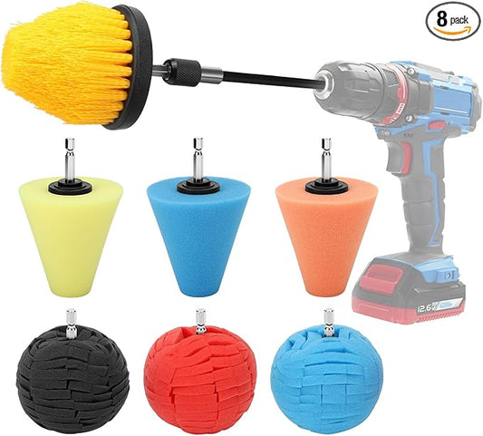 Linkstyle 8Pcs Drill Polishing Cone & Ball Sponge Set, Foam Buffing Pads with Extension Holder & Brush, 1/4" Hex Shank for Electric Drill, Car Wheel Hub Rim & Metal Polisher Tool Kit