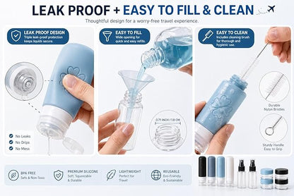 18 Pack TSA Approved Travel Bottles for Toiletries – Leak Proof Silicone Refillable Containers Set with Toiletry Bag, Squeeze Bottles, Spray Bottles & Cream Jars for Shampoo, Conditioner & Lotion