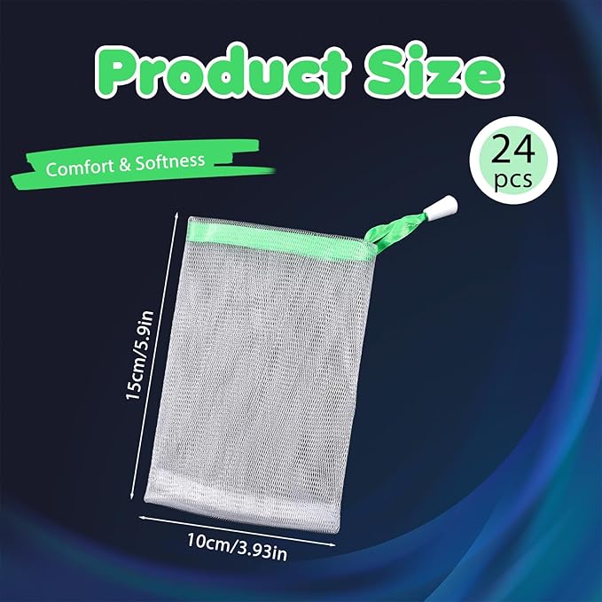 24 PCS Mesh Soap Bag, Soft Exfoliating Mesh Soap Pouch Double Layer Thicken Foam Net Saver Sack with Drawstring for Shower Body Facial Cleaning Tool (Assorted Colors)
