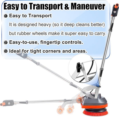 HHQ Commercial Floor Scrubber Machine with Brushes and Pads, Heavy Duty Floor Cleaner Polisher and Buffer- Deep Cleaning Tile and Grout, Hardwood Floors and Carpets without Getting on Hands and Knees