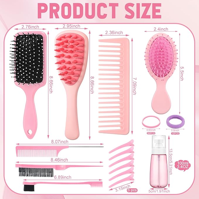 ProSuites 76 Pcs Pink Hair Brush Set for Baby Girls - Scalp Scrubber with Handle, Detangle Hair Brush, Spray Bottle, Slick Back Brush Set Wide Tooth Mini Wet Brushes for Travel Home Use