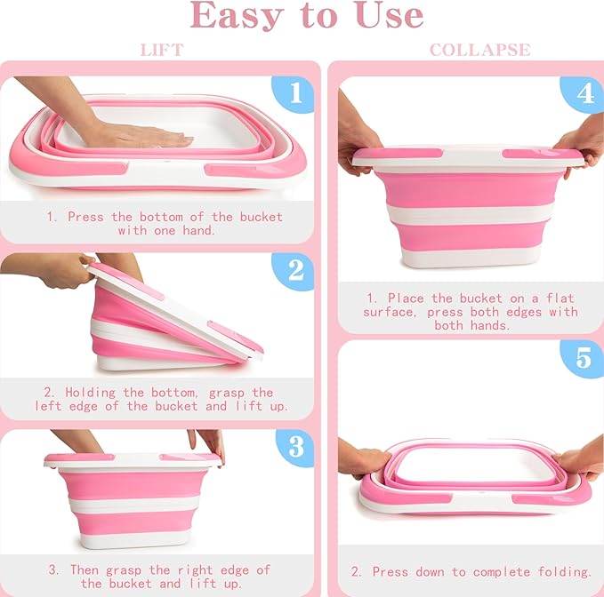 Large Collapsible Bucket for Cleaning, 4.2 Gallon (16L) Silicone Bucket with Handle & Hanging Hole, Foldable Space-Saving Mop Bucket for Home, Storage. Car Wash, Camping, Beach (Pink White)
